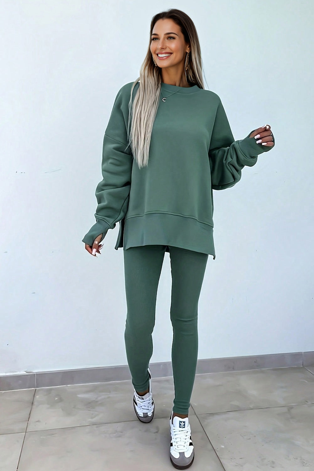 Teal Green Oversize Slit Sweatshirt Ribbed Leggings 2pcs Set