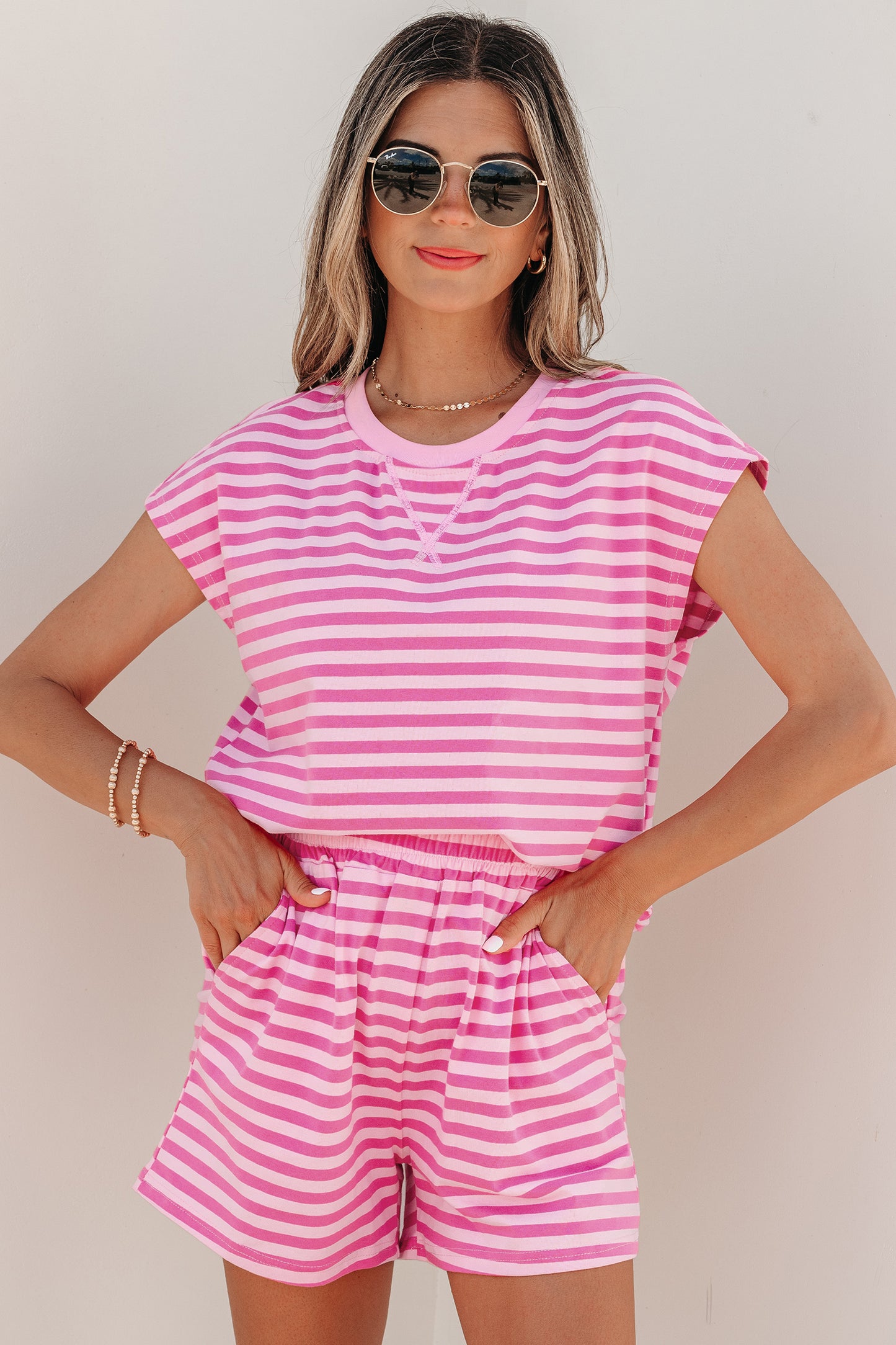 Pink Stripe 2Pc Shorts Set