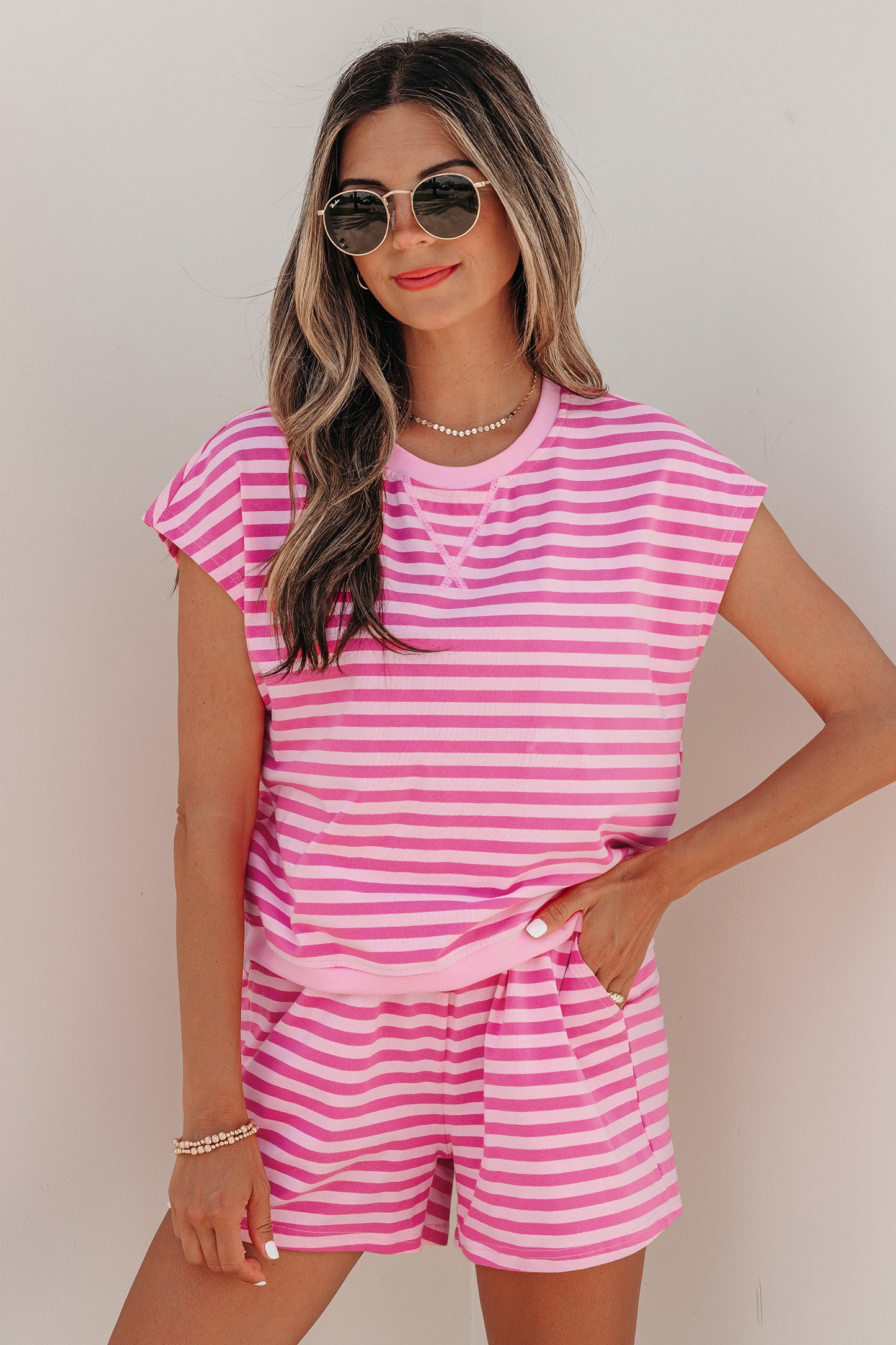 Pink Stripe 2Pc Shorts Set