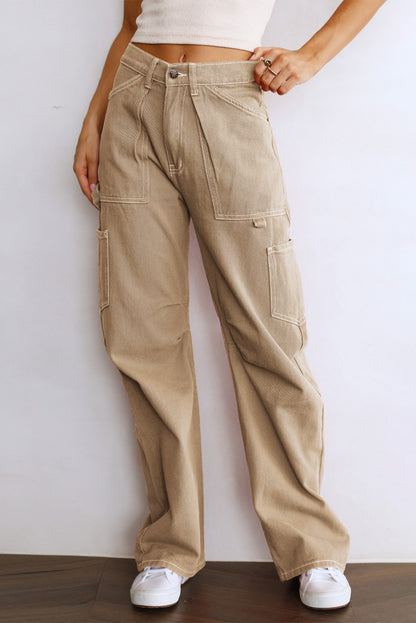 Khaki High Waist Straight Leg Cargo Pants with Pockets
