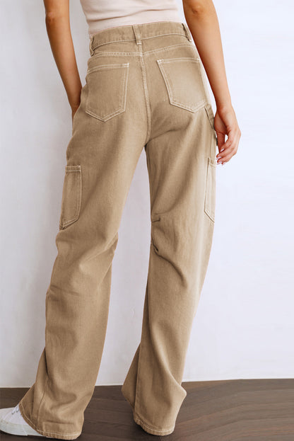 Khaki High Waist Straight Leg Cargo Pants with Pockets