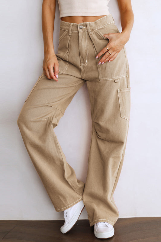 Khaki High Waist Straight Leg Cargo Pants with Pockets