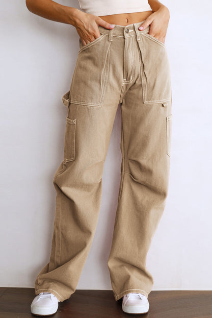 Khaki High Waist Straight Leg Cargo Pants with Pockets