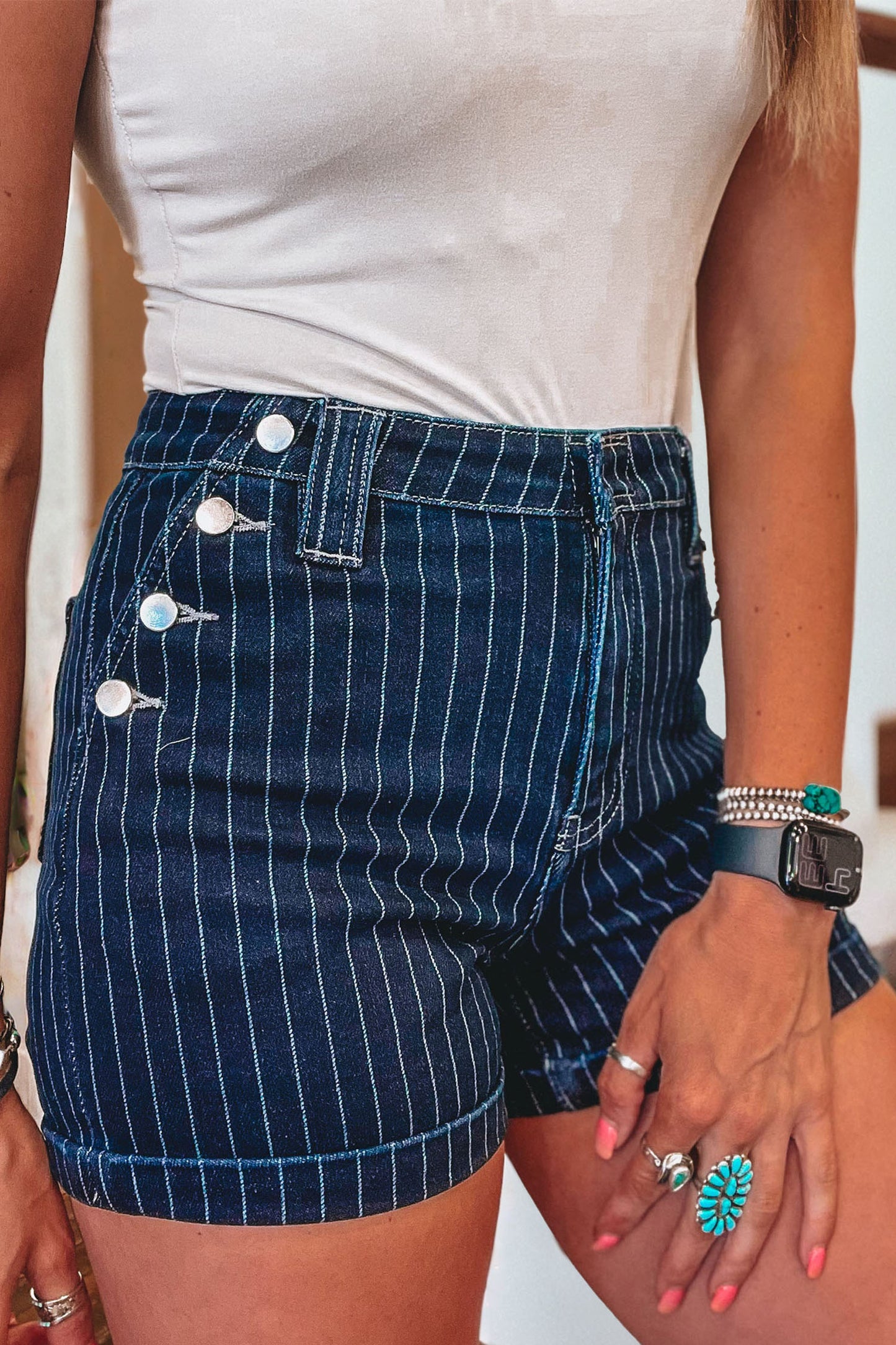 Blue Stripe Metal Button Detail Womens Denim Shorts