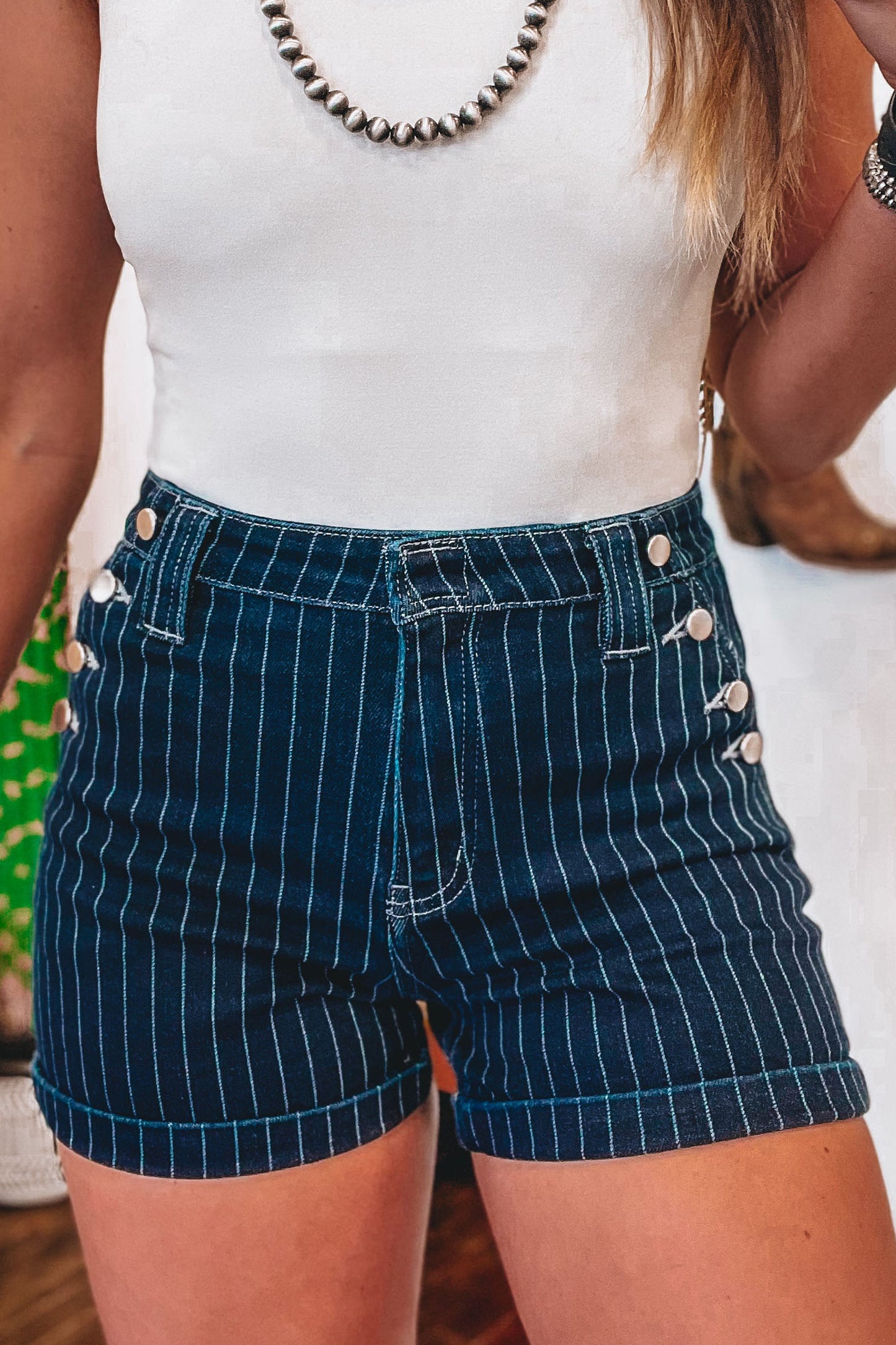 Blue Stripe Metal Button Detail Womens Denim Shorts
