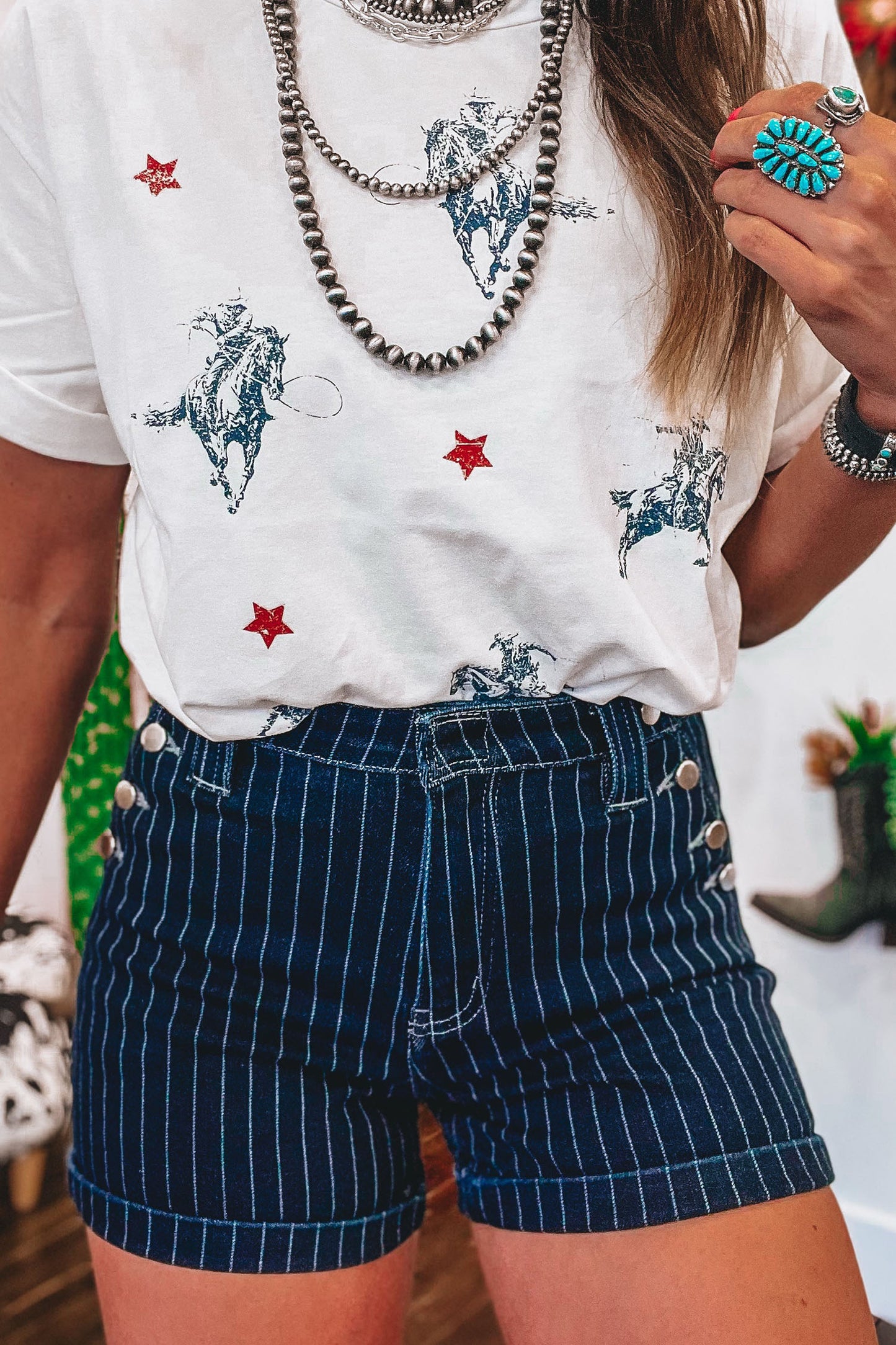 Blue Stripe Metal Button Detail Womens Denim Shorts