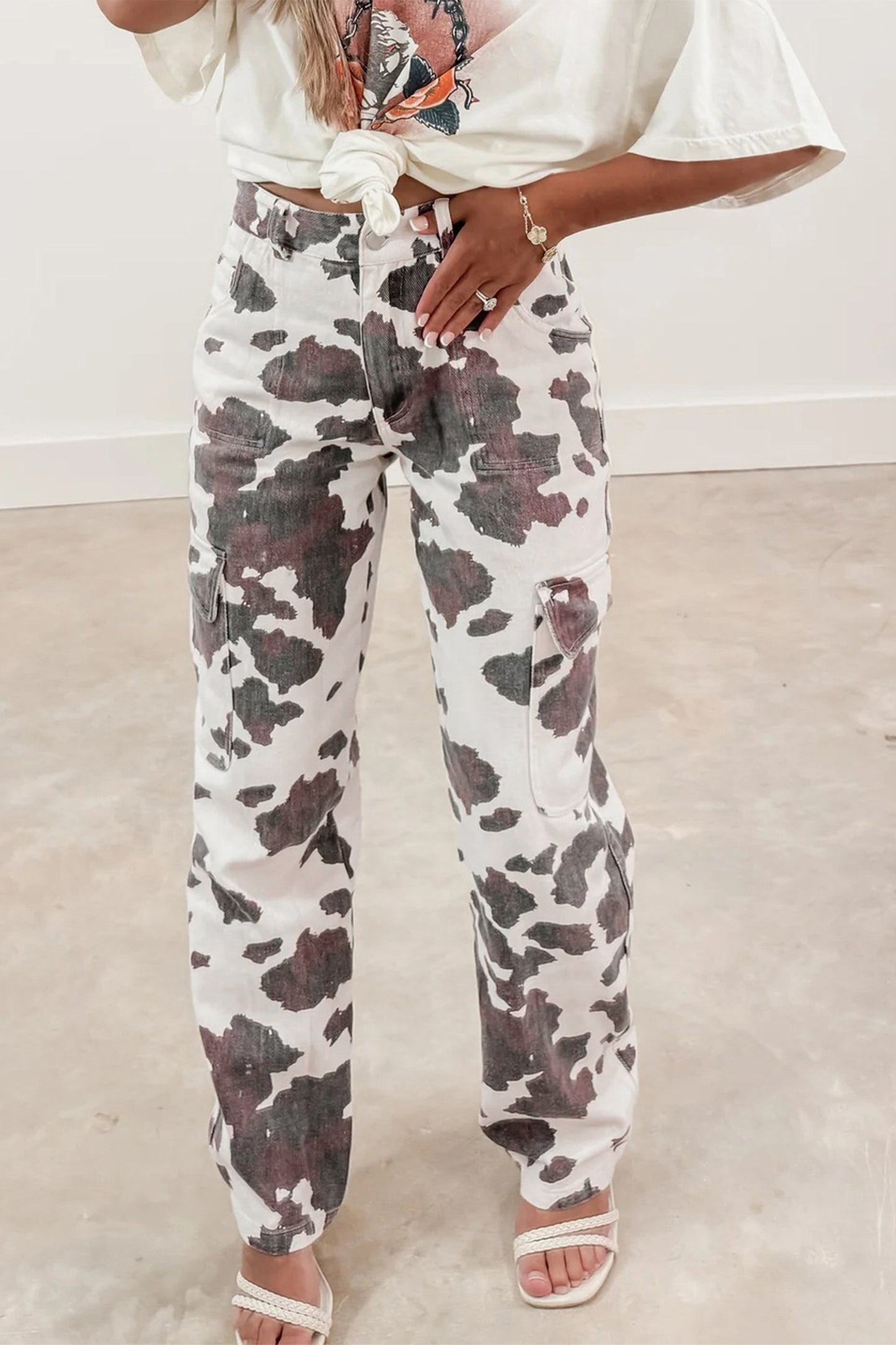 Brown Cow Spots Printed Multi-Pocket Jeans