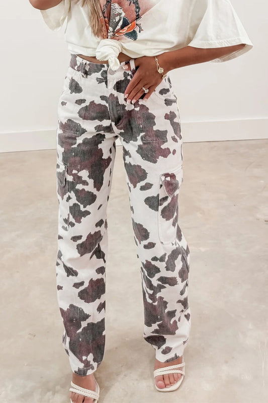 Brown Cow Spots Printed Multi-Pocket Jeans