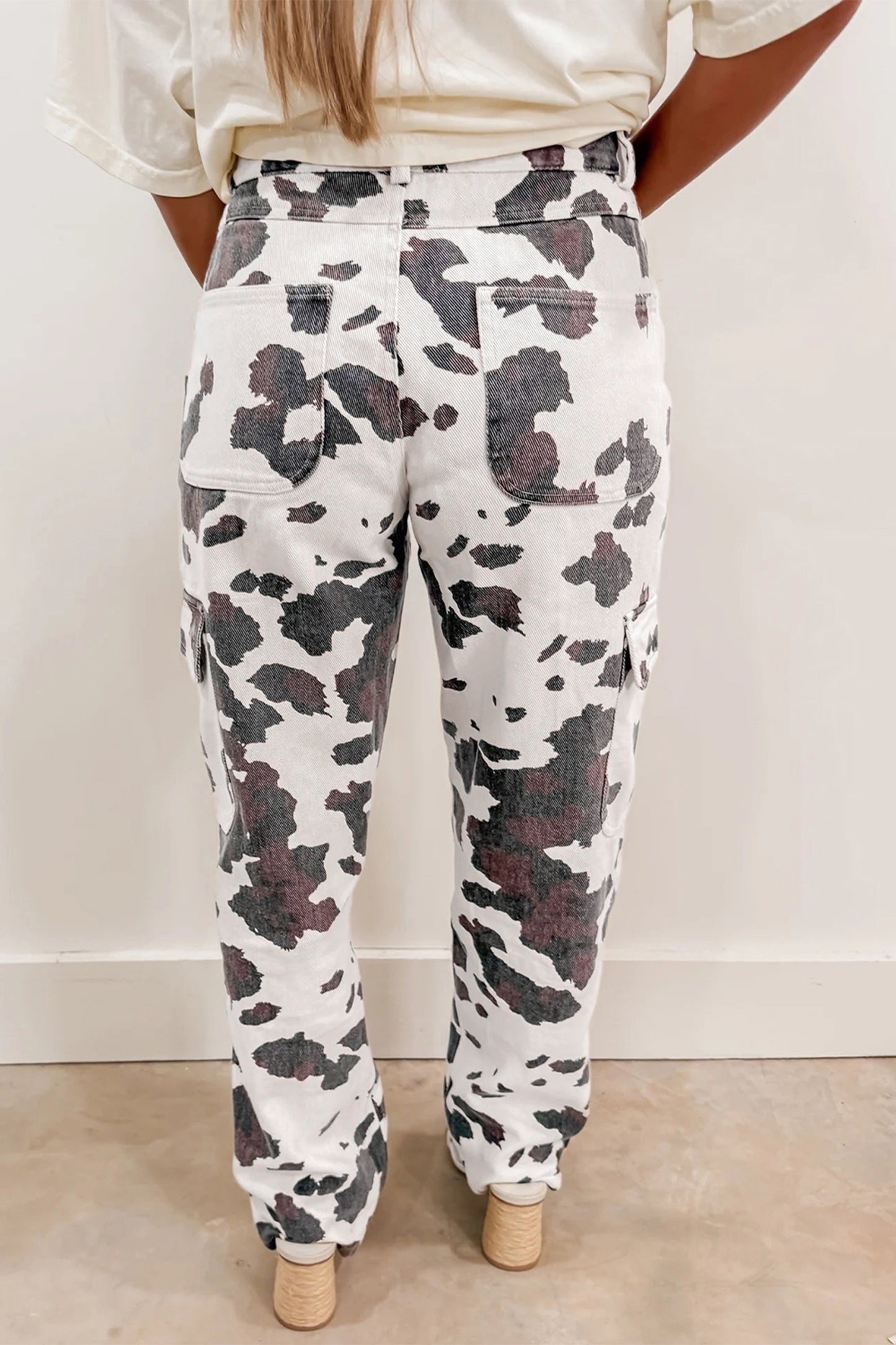 Brown Cow Spots Printed Multi-Pocket Jeans
