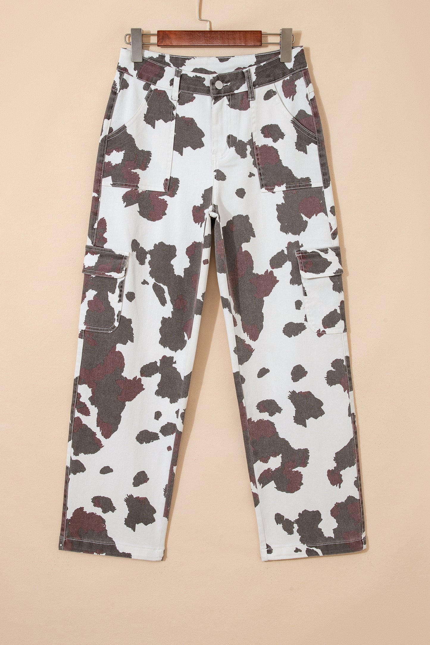 Brown Cow Spots Printed Multi-Pocket Jeans