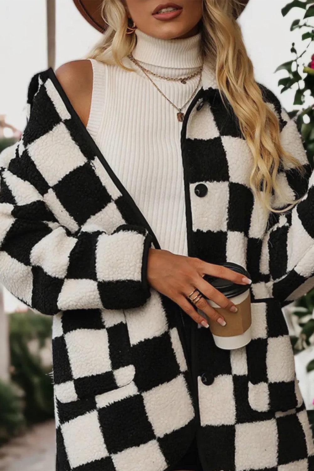 Off-White and Black Checkered Fleece Jacket