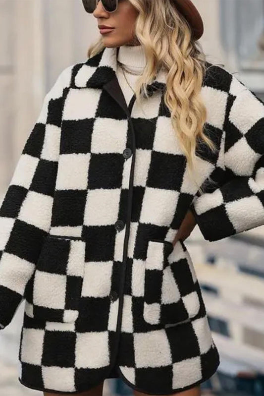 Off-White and Black Checkered Fleece Jacket