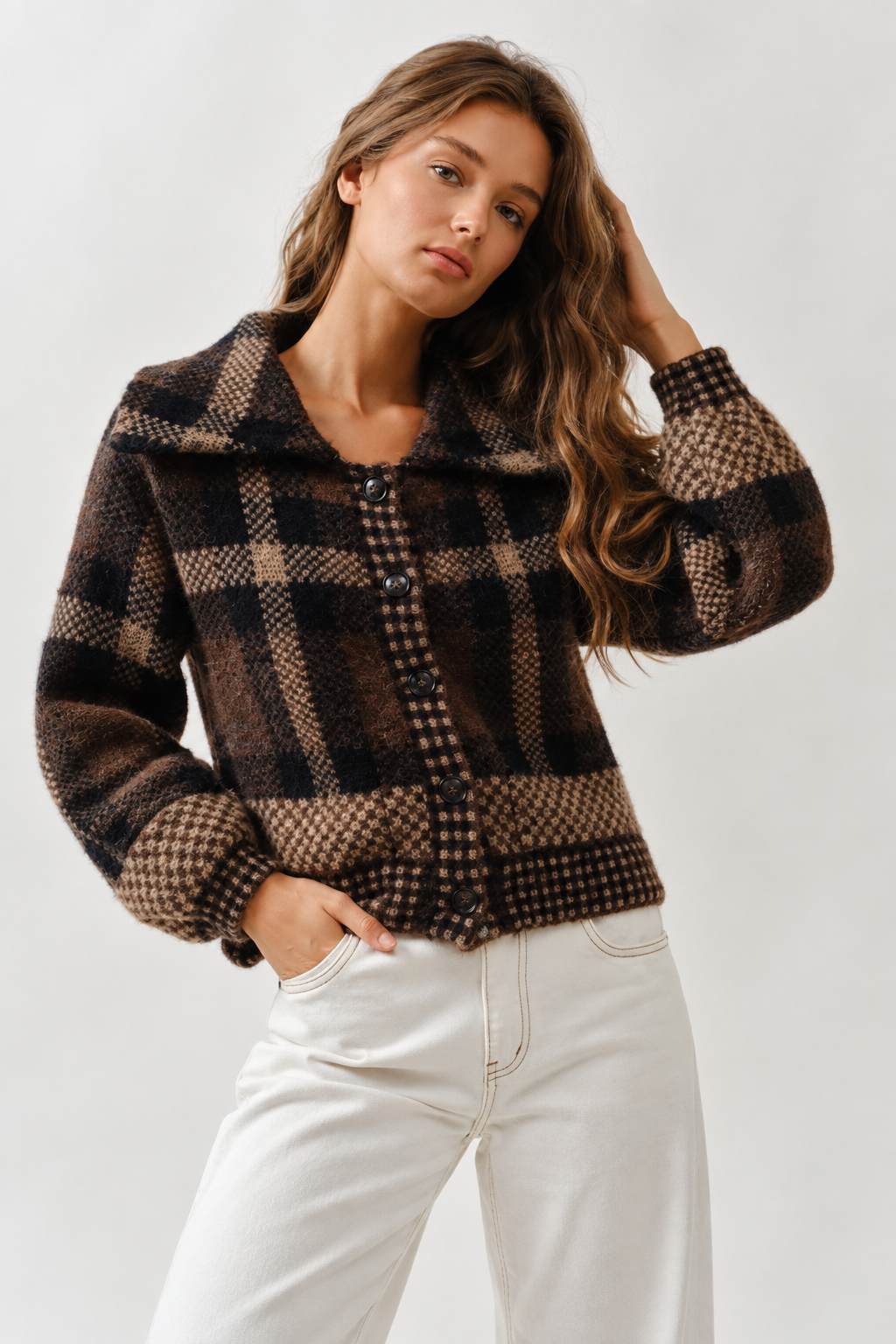 Multi Knit Plaid Sweater Jacket