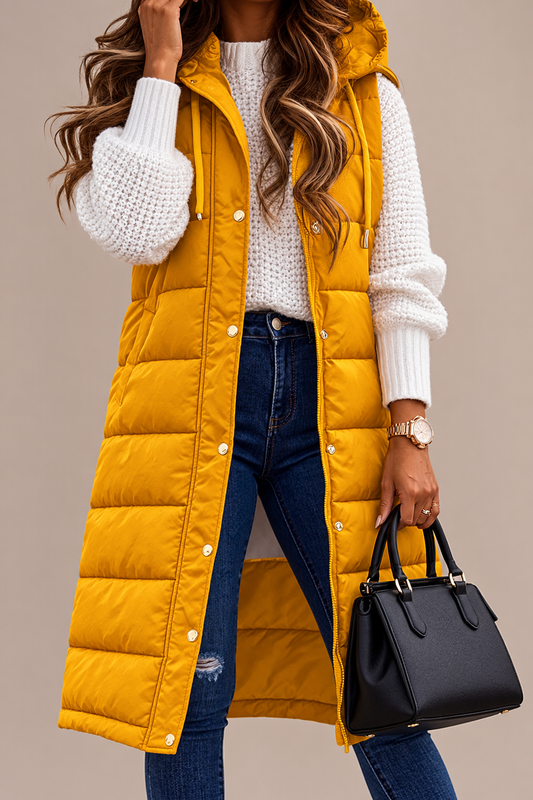 Mustard-Yellow Hooded Puffer Vest