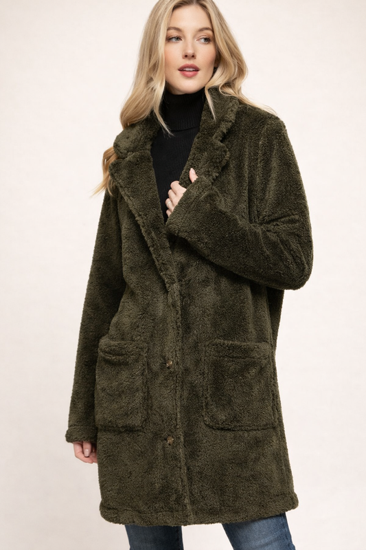 Long Sleeve Notched Collar Patch Pocket Sherpa Coat Olive