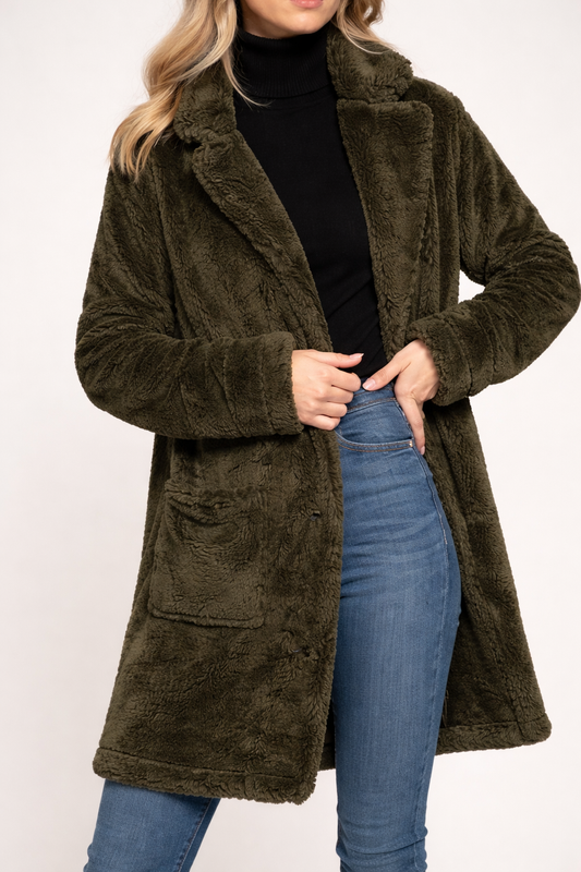 Long Sleeve Notched Collar Patch Pocket Sherpa Coat Olive
