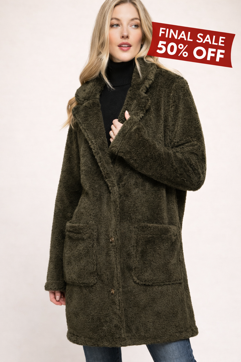 Long Sleeve Notched Collar Patch Pocket Sherpa Coat Olive