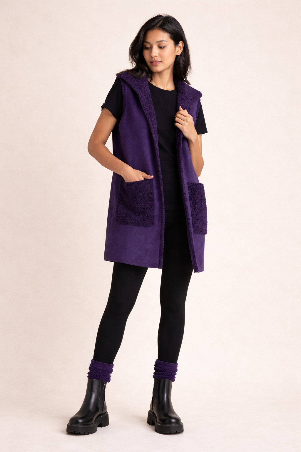 Purple Faux Suede Hooded Vest