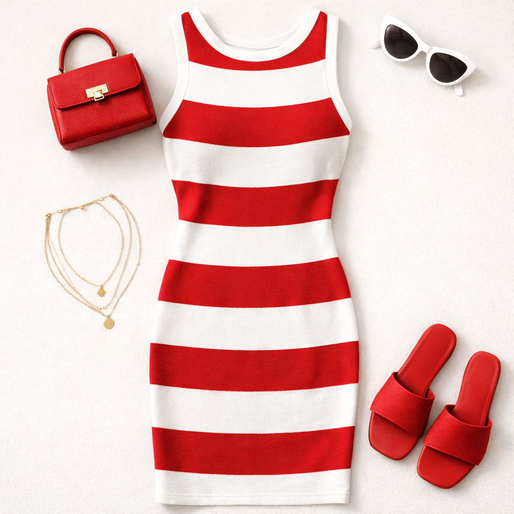Red & White Stripe Midi Tank Dress
