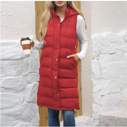 Red Hooded Long Puffer Vest
