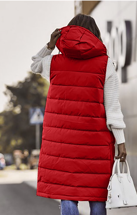 Long Hooded Puffer Vest – Classic Red