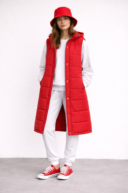 Red Hooded Long Puffer Vest