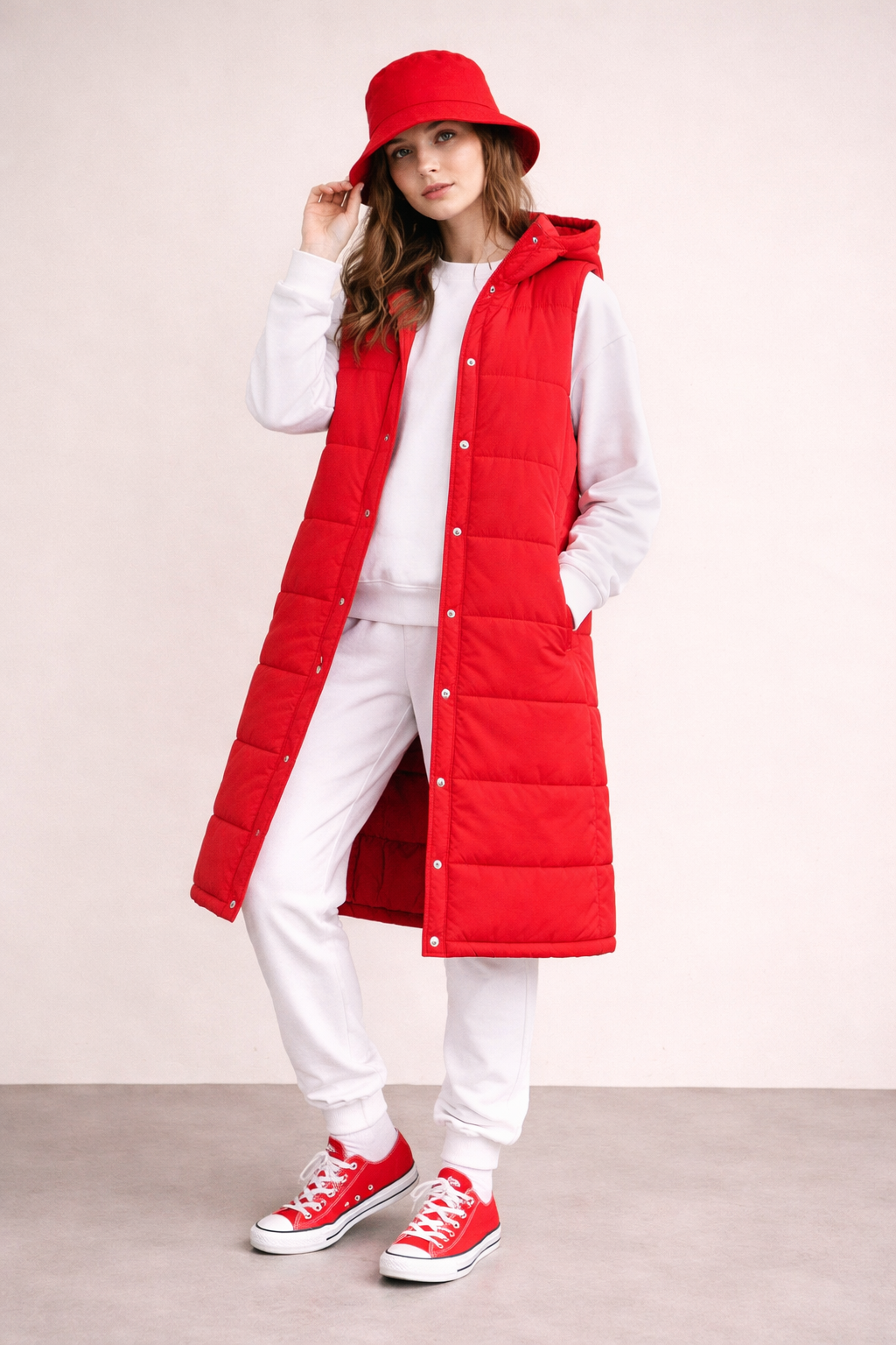 Red Hooded Long Puffer Vest