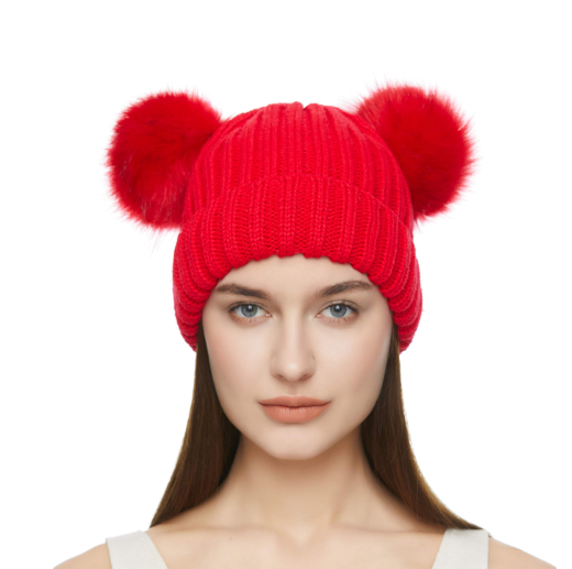 Red Double Pom Pom Knit Beanie Hat