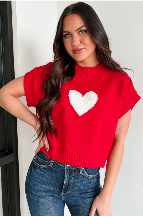 Red Valentine Heart Graphic Cropped Sweater