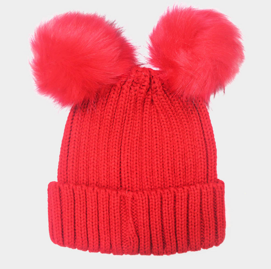 Red Double Pom Pom Knit Beanie Hat