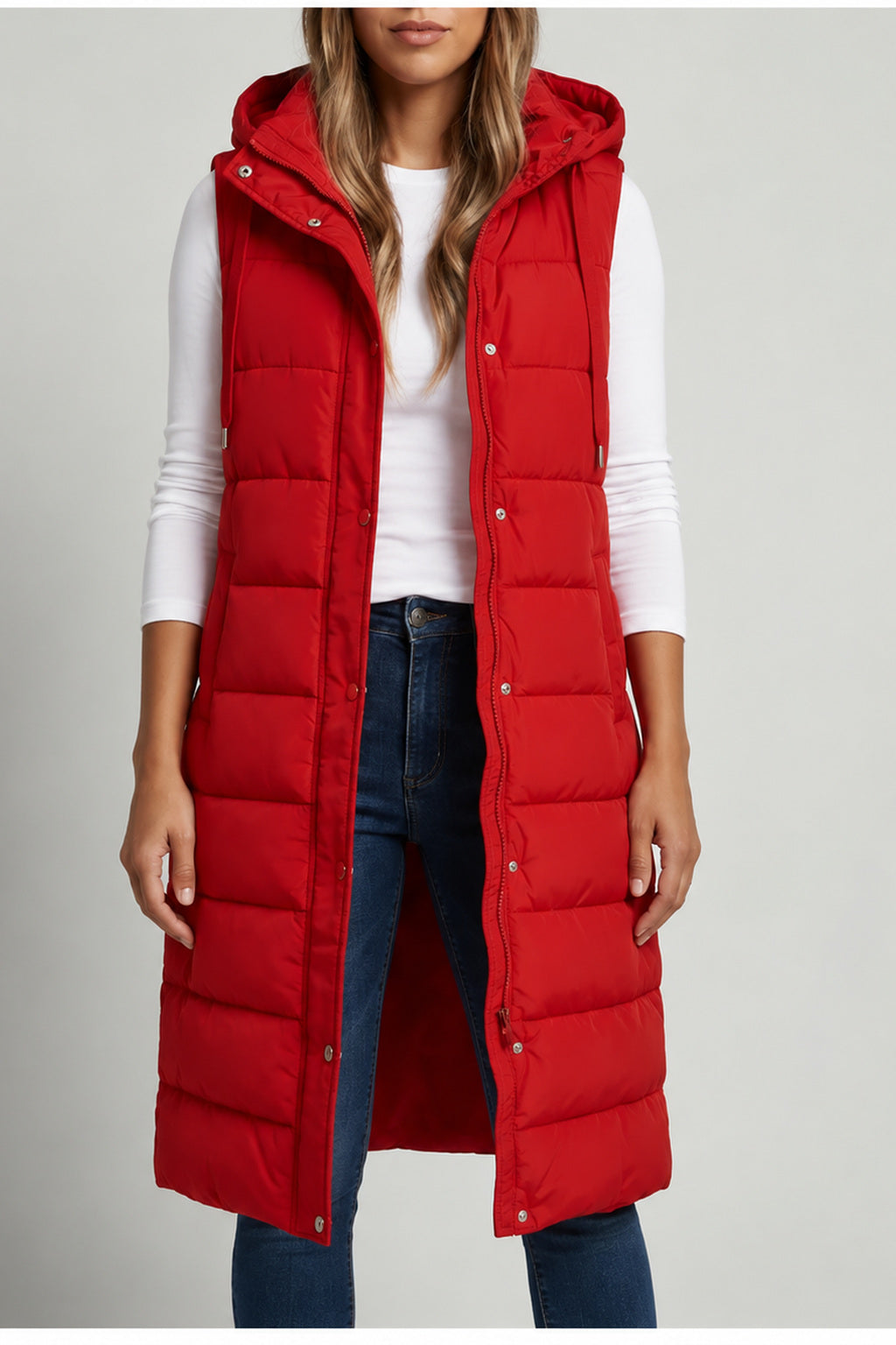 Long Hooded Puffer Vest – Classic Red