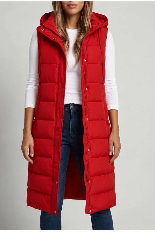 Long Hooded Puffer Vest – Classic Red