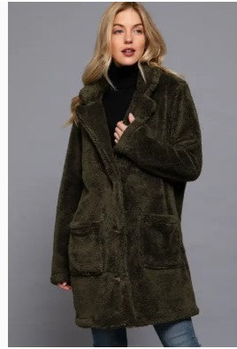 Long Sleeve Notched Collar Patch Pocket Sherpa Coat Olive