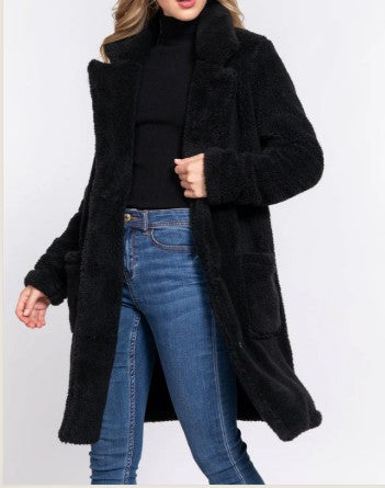 Long Sleeve Notched Collar Patch Pocket Sherpa Coat Black