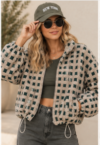 Taupe Checkered Sherpa Jacket