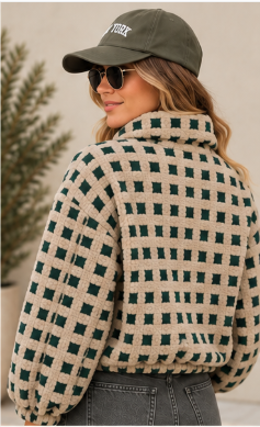 Taupe Checkered Sherpa Jacket