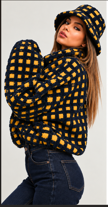 Navy Checkered Sherpa Jacket