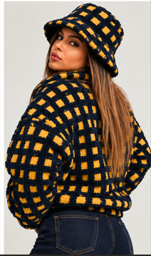 Navy Checkered Sherpa Jacket