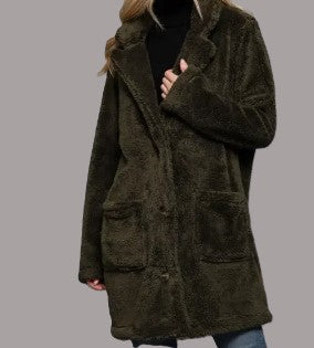 Long Sleeve Notched Collar Patch Pocket Sherpa Coat Olive