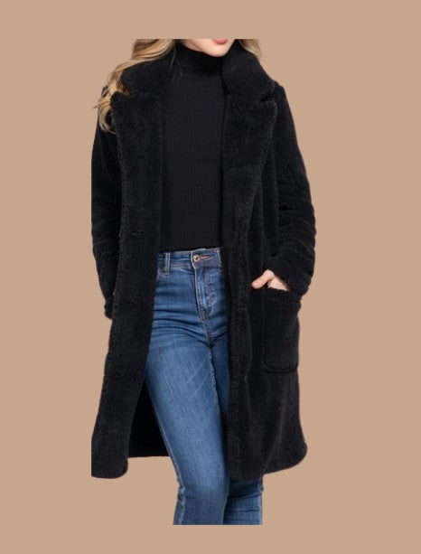 Long Sleeve Notched Collar Patch Pocket Sherpa Coat Black