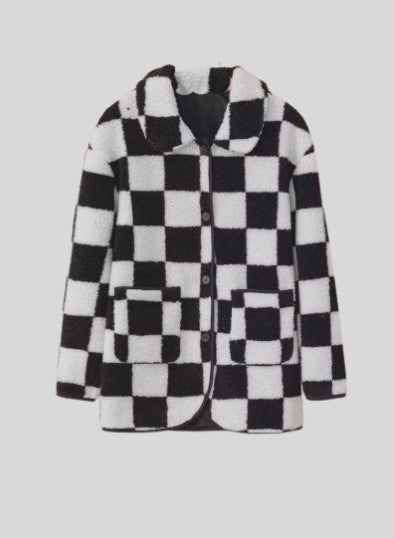 Off-White and Black**Checkered Side Pockets Collared Buttoned Fleece Jacket