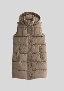 Button Down Hooded Puffer Jacket Beige