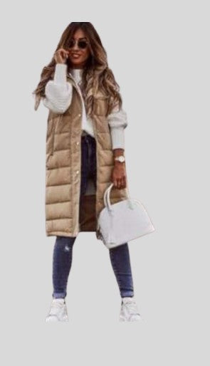 Button Down Hooded Puffer Jacket Beige