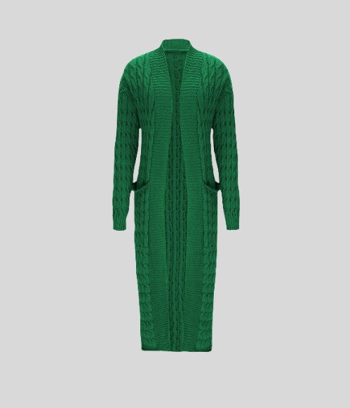 WOMEN'S GREEN CHUNKY CABLE KNITTED LONG LENGTH CARDIGAN