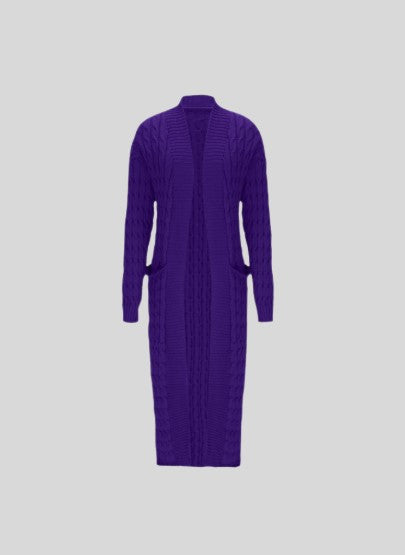 WOMEN'S PURPLE CHUNKY CABLE KNITTED LONG LENGTH CARDIGAN