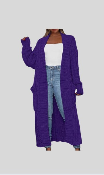 WOMEN'S PURPLE CHUNKY CABLE KNITTED LONG LENGTH CARDIGAN