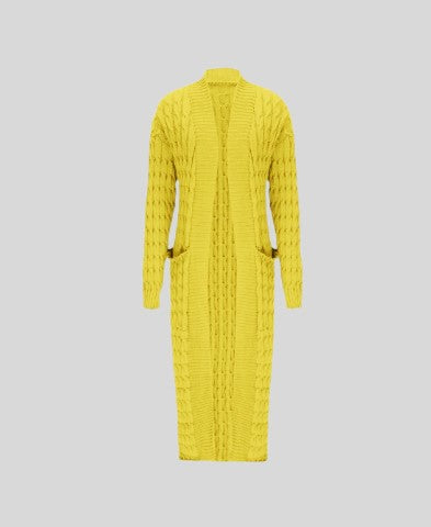 WOMEN'S YELLOW HUNKY CABLE KNITTED LONG LENGTH CARDIGAN