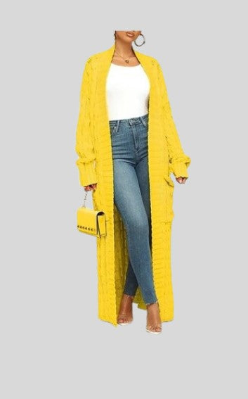 WOMEN'S YELLOW HUNKY CABLE KNITTED LONG LENGTH CARDIGAN