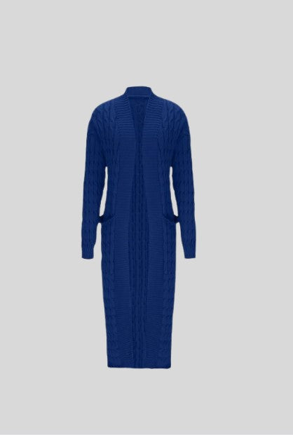 WOMEN'S BLUE CHUNKY CABLE KNITTED LONG LENGTH CARDIGAN