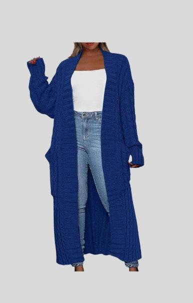 WOMEN'S BLUE CHUNKY CABLE KNITTED LONG LENGTH CARDIGAN